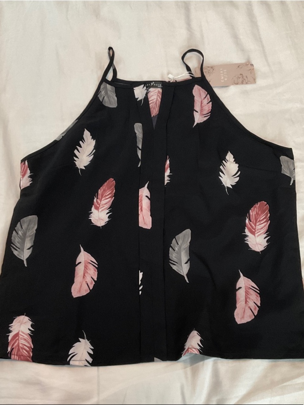 Feather-Print Black Halter Cami with Pink & Gray Accents
